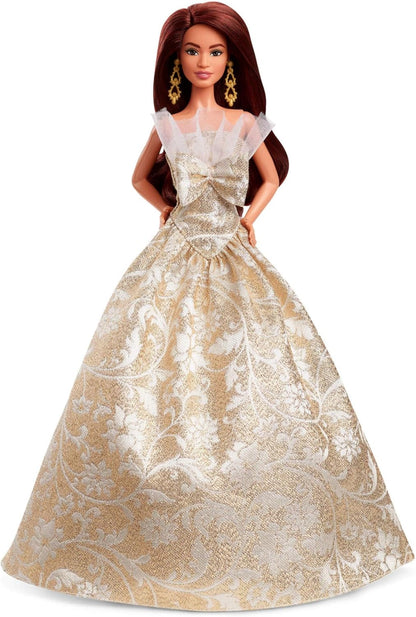 Barbie Signature, Boneca Fashion de Cabelo Preto para as Festas de Fim de Ano de 2025, Vestindo Vestido Prateado e Dourado, Brinquedo Colecionável Sazonal em Embalagem Exibível, JBJ01