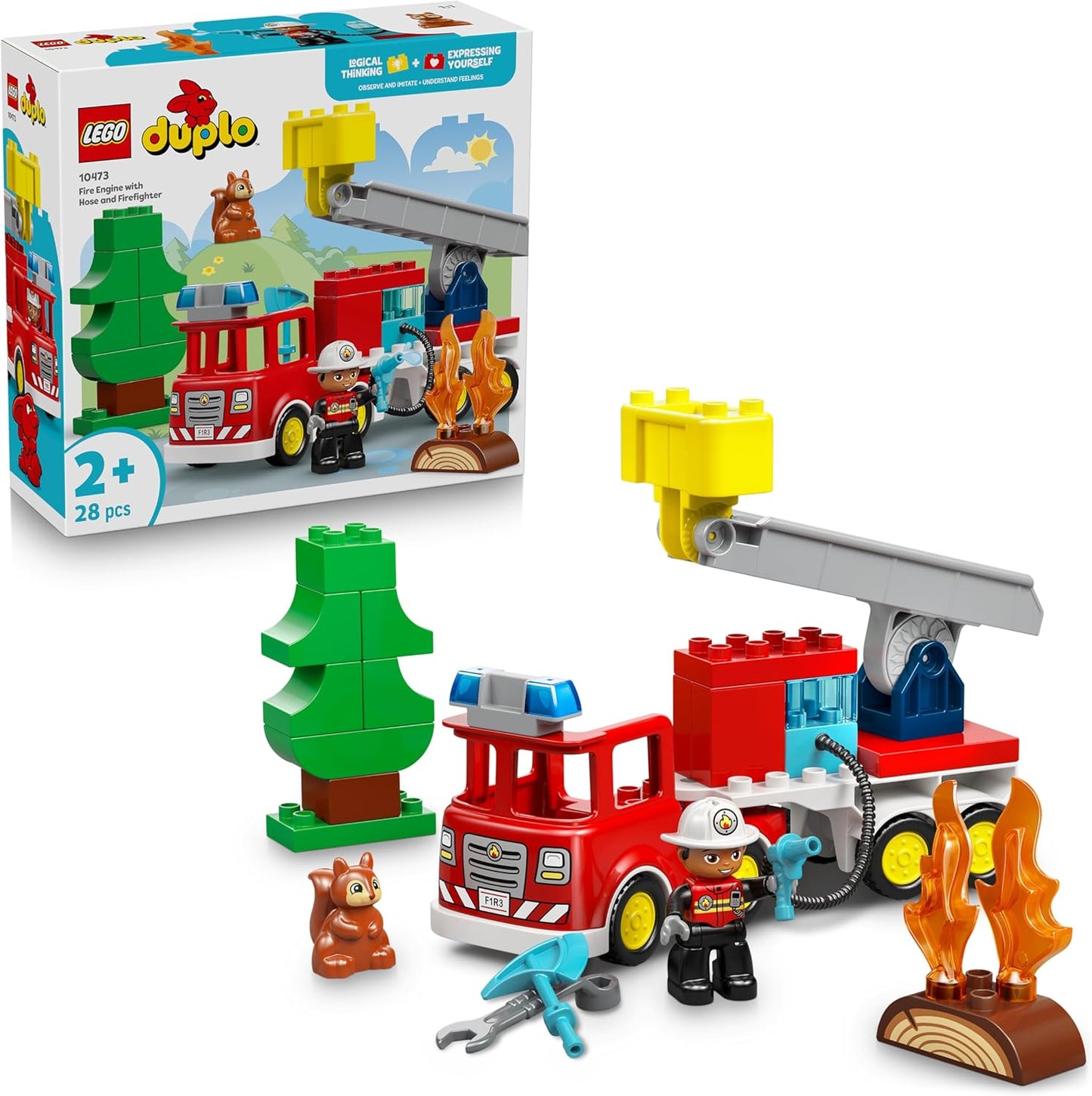 LEGO DUPLO Caminhão de Bombeiros com Mangueira e Bombeiro - Brinquedo Educativo para Desenvolvimento da Coordenação Motora - Caminhão Vermelho com Escada, Figura e Esquilo - Presente de Aniversário para Meninos e Meninas a partir de 2 Anos - 10473
