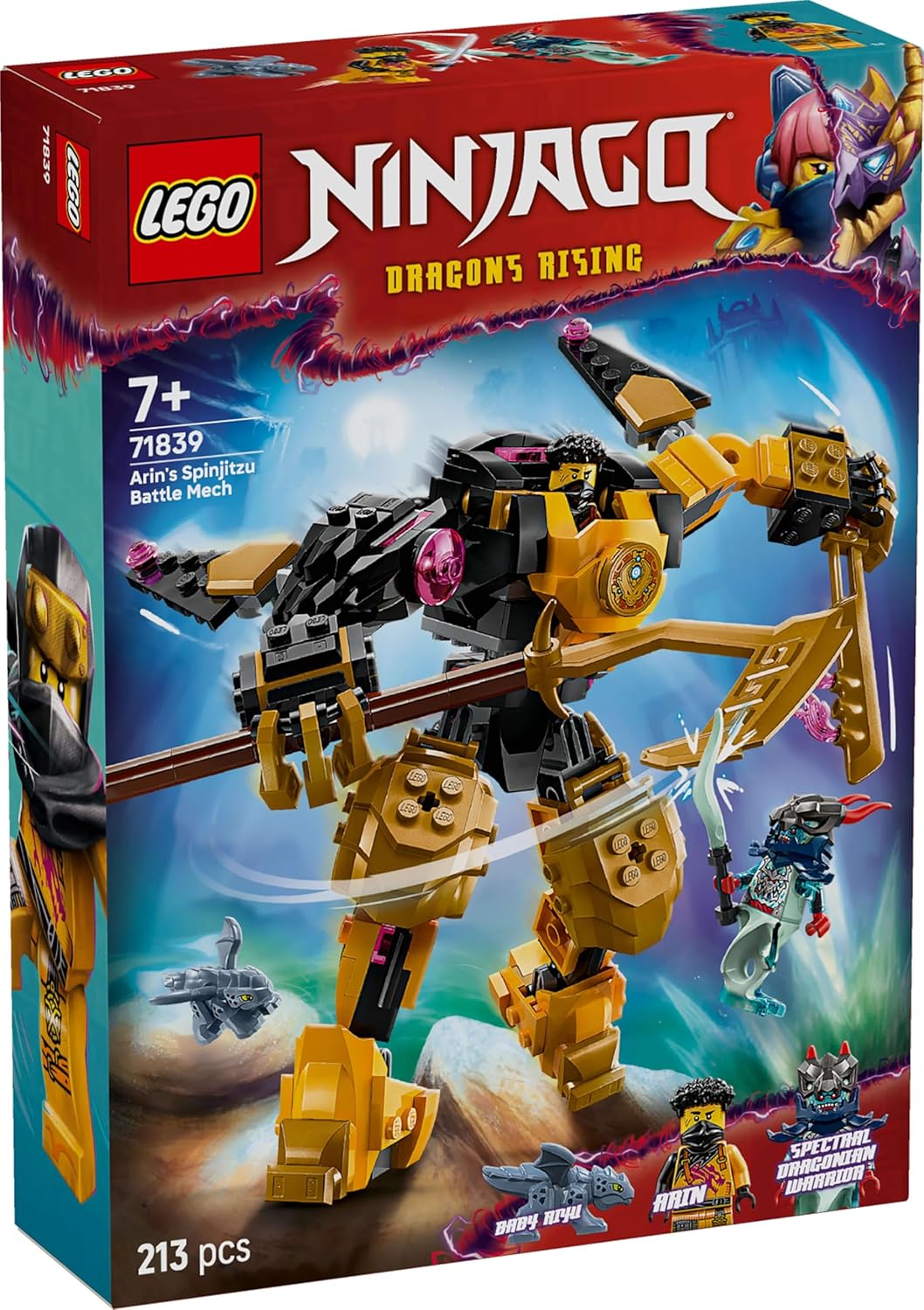 LEGO NINJAGO Arin's Spinjitzu Battle Mech Toy - Figura articulada para misturar e combinar, Bebê Dragão Riyu e 2 minifiguras ninja - Presente para meninos com mais de 7 anos e fãs de Dragons Rising - 71839