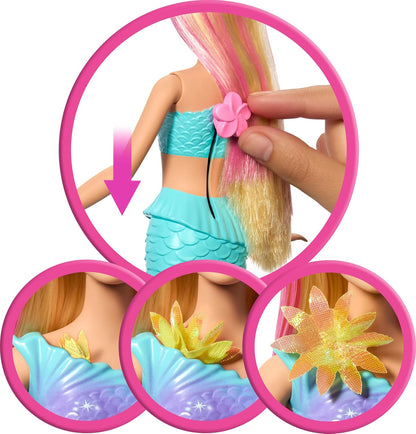 Barbie Boneca Sereia com Flores Mágicas Surpresa, Cauda Ombré, Tiara de Pérolas e Cabelo Loiro Longo com Mechas Rosa, JDM72