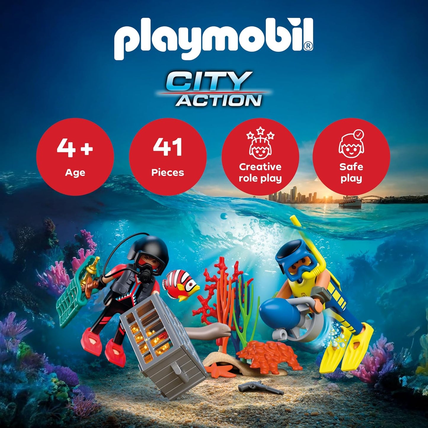Playmobil City Action Policial Mergulhador com Tesouro, 2 Figuras, Scooter Subaquático e Criaturas Marinhas, Estimula a Criatividade, Brinquedo para Crianças a Partir de 4 Anos, 72078