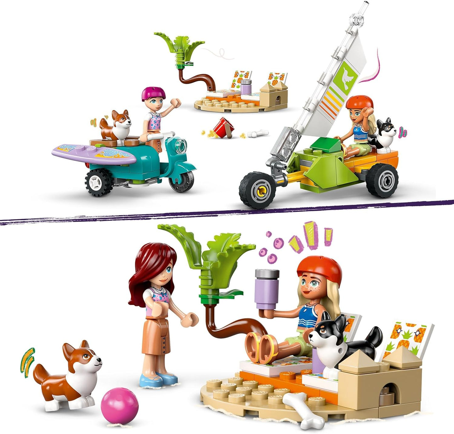 LEGO Friends Surfing Dogs and Adventure Set, Building Toy for 6 Plus Year Old Girls, with 2 Mini Doll Characters and 2 Pet Corgi Animal Figures