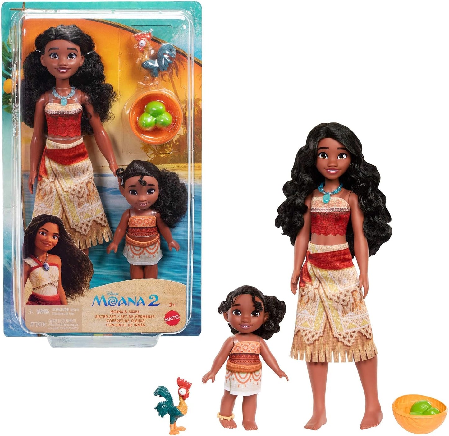 Mattel Conjunto de Irmãs Disney Moana 2 da com 2 Bonecas Fashion e Acessórios | Bonecas Articuladas Moana e Simea com Roupas Características Removíveis, Figura do Animal Heihei e Acessórios, JBT41