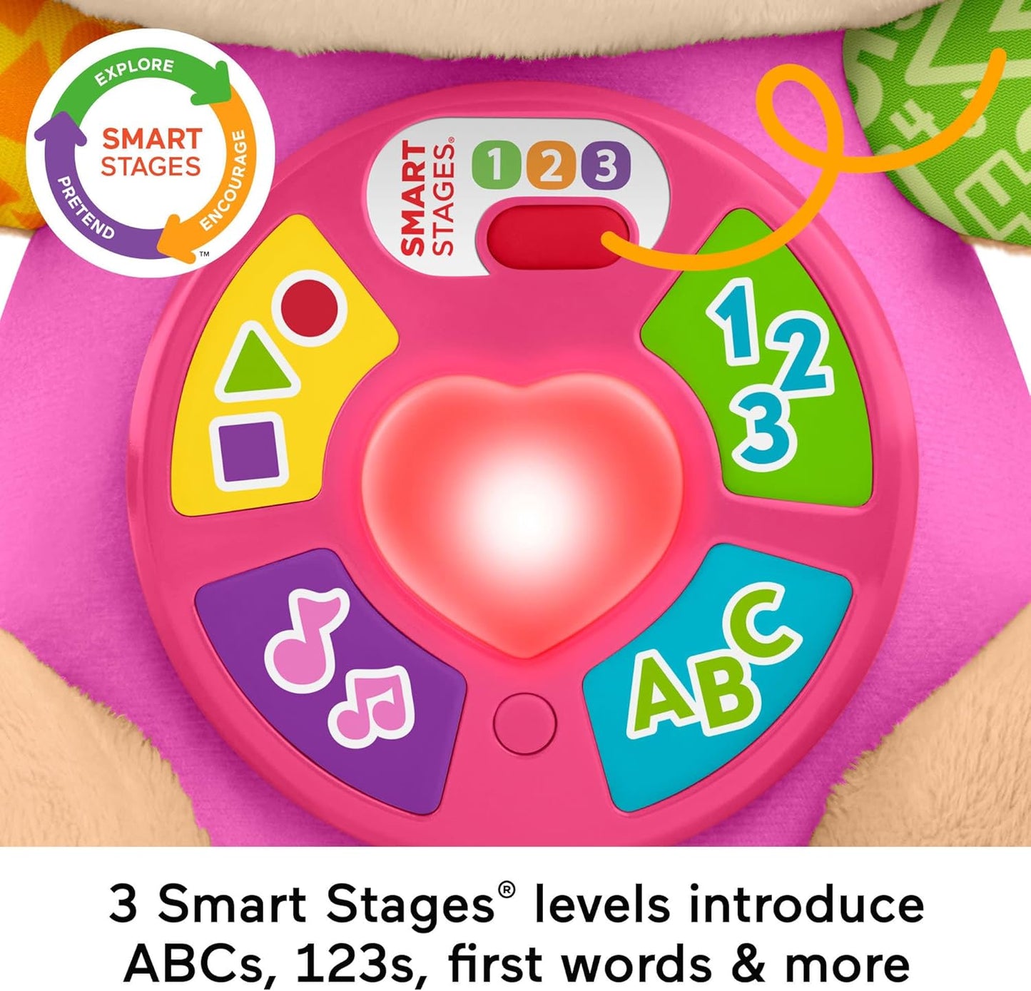 Brinquedo Educativo Fisher-Price Baby Laugh & Learn Smart Stages Sis, Pelúcia Musical Rosa com Smart Stages para Bebês a partir de 6 Meses, Versão Multilíngue: Holandês, Inglês, Francês, Alemão, Italiano, JFD31