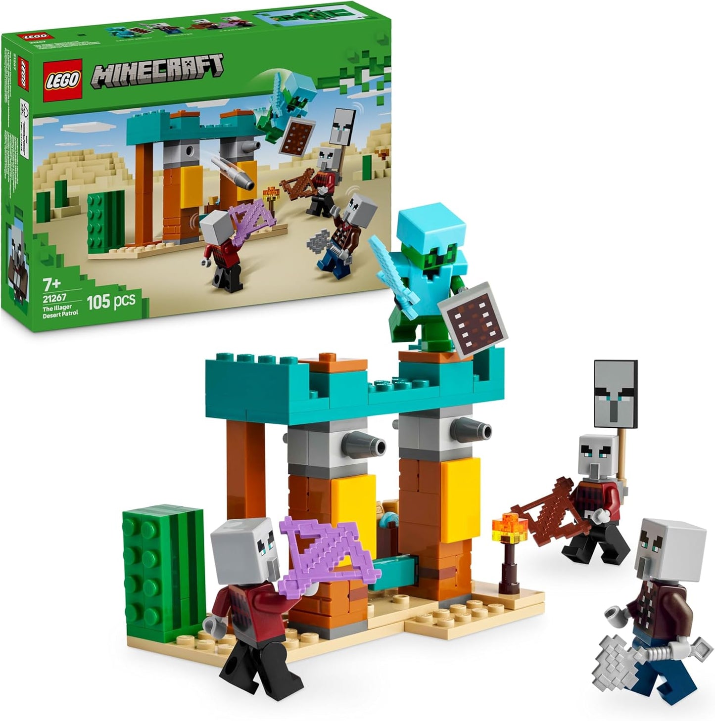 LEGO Minecraft The Illager Desert Patrol Set - Brinquedo de construção apresenta figuras de Pillager, Vindicator e Cactus Knight para brincadeiras de simulação - Presente de aniversário para meninos e meninas com mais de 7 anos