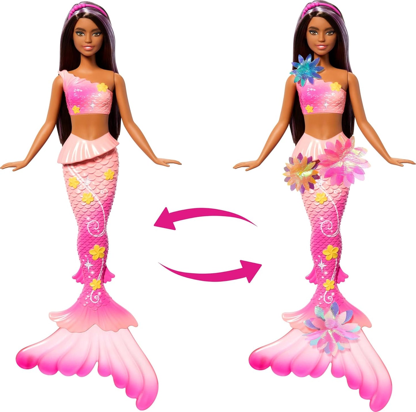 Barbie Mermaid Toy Dolls with Surprise Magic Blooming Flowers Feature, Ombre Tails, Pearl Headband Accessory & Long Brown Hair with Purple Highlights, JDM73