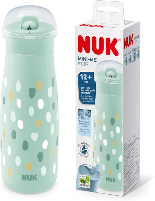 NUK  Copo infantil Mini-Me Flip com canudo | Mais de 12 meses | 450ml | Garrafa de água infantil | Bico temperado à prova de vazamentos | À prova de quebra | Pontos de hortelã