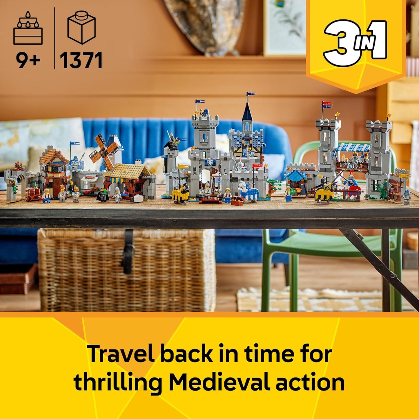LEGO Creator 3 em 1 Castelo Medieval com Cavaleiros e Cavalos - Transforma-se em uma Cena de Torneio de Justas ou em uma Cidade - Inclui 6 Minifiguras - Presente Criativo para Meninos e Meninas a partir de 9 Anos - 31168
