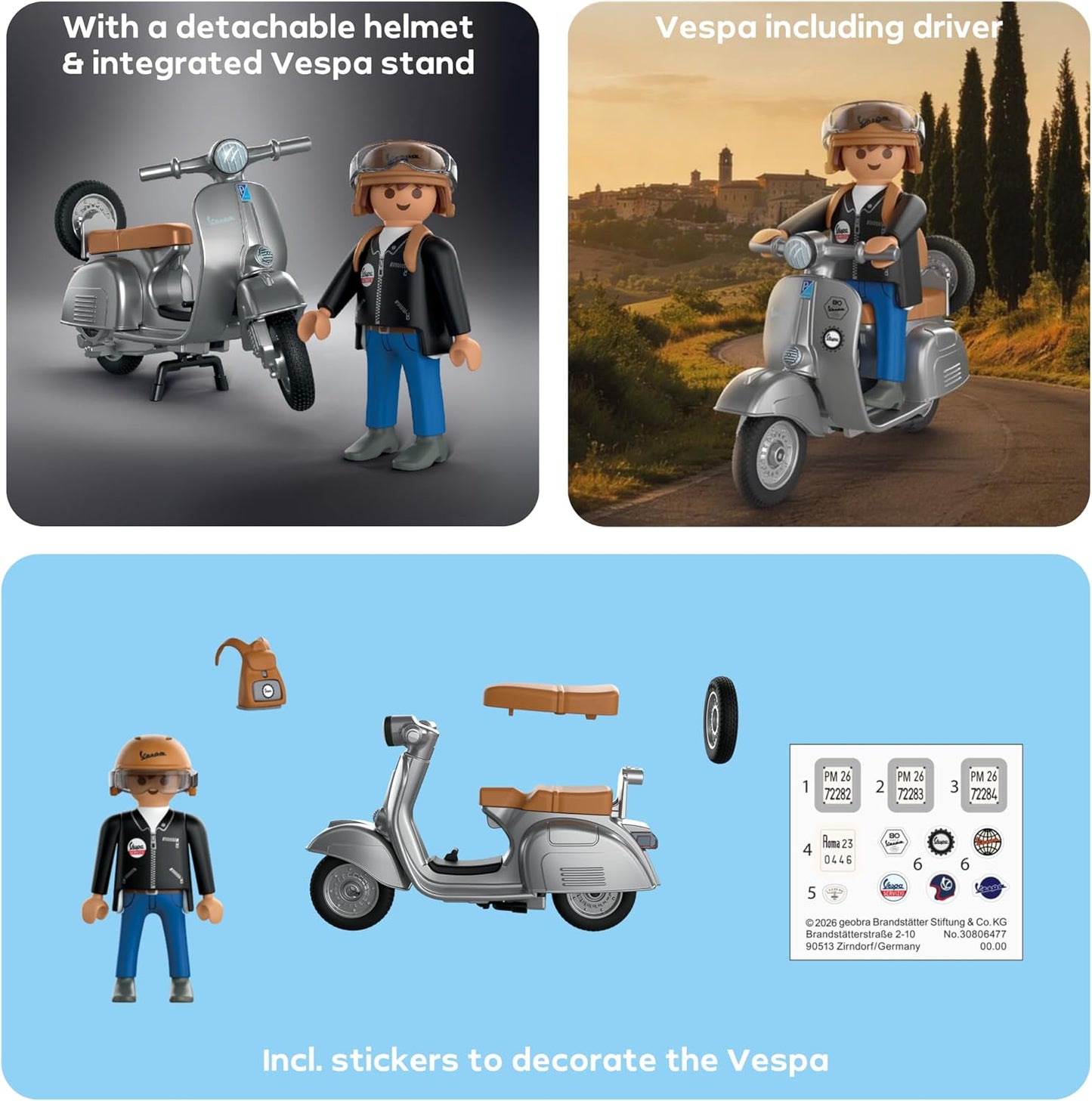 Playmobil | Vespa | Vespa 80º Aniversário: Estilo Original | Edição de aniversário com design retrô prateado, incluindo figura, capacete e cartela de adesivos | Para crianças a partir de 4 anos | 72282