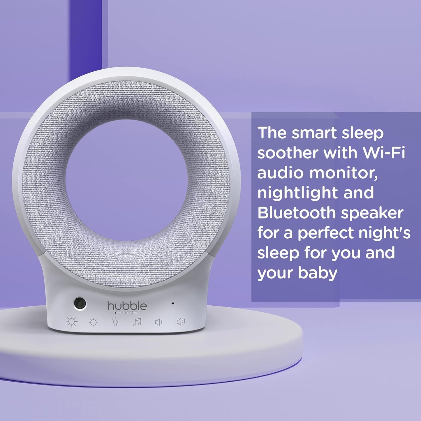 Hubble Monitor de áudio e chupeta Eclipse Smart Baby com luz noturna de 7 cores, alto-falante com música calmante e faixas de sono, sensor de temperatura ambiente, treinador de sono com conectividade Wi-Fi