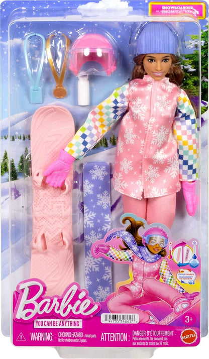 Barbie Profissional Snowboarder com Jaqueta, Calça e Botas de Neve Rosa e mais de 10 Acessórios, incluindo Prancha de Snowboard que Muda de Cor, JKF78