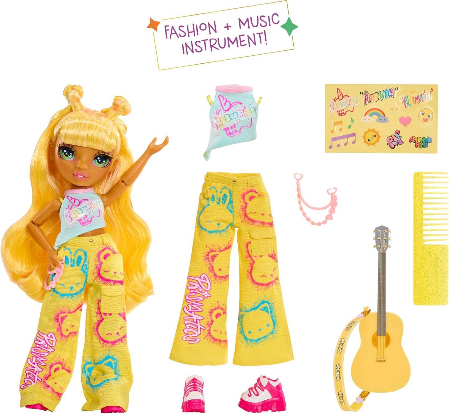 Rainbow High Junior High Rock Band - Sunny, Amarela - Boneca Fashion de 23cm com Guitarra, Personalizável com Adesivos, Articulada, Brinquedo Fofo para Crianças a partir de 4 Anos