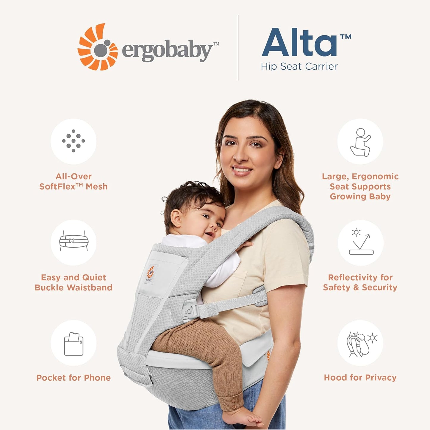 Ergobaby Canguru Alta com Assento de Quadril para Bebês e Crianças a partir de 4 Meses (5,5 kg - 20,4 kg), com Tela SoftFlex, Bege Natural