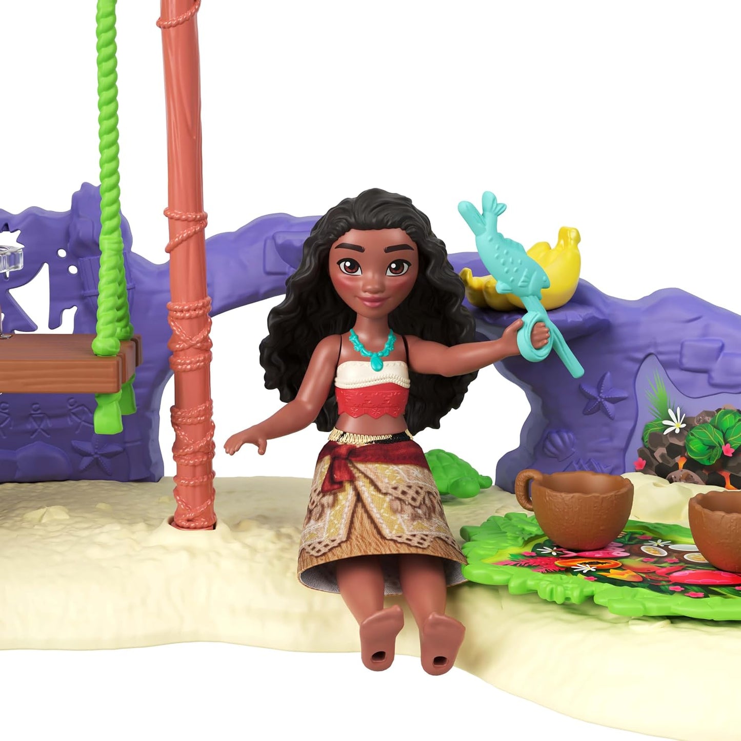 Mattel Brinquedos Disney Moana 2: Conjunto Aventura na Ilha da Moana com bonecas pequenas da Moana e da Simea, 2 personagens amigos, 5 áreas de brincar e 8 acessórios (JFF12)