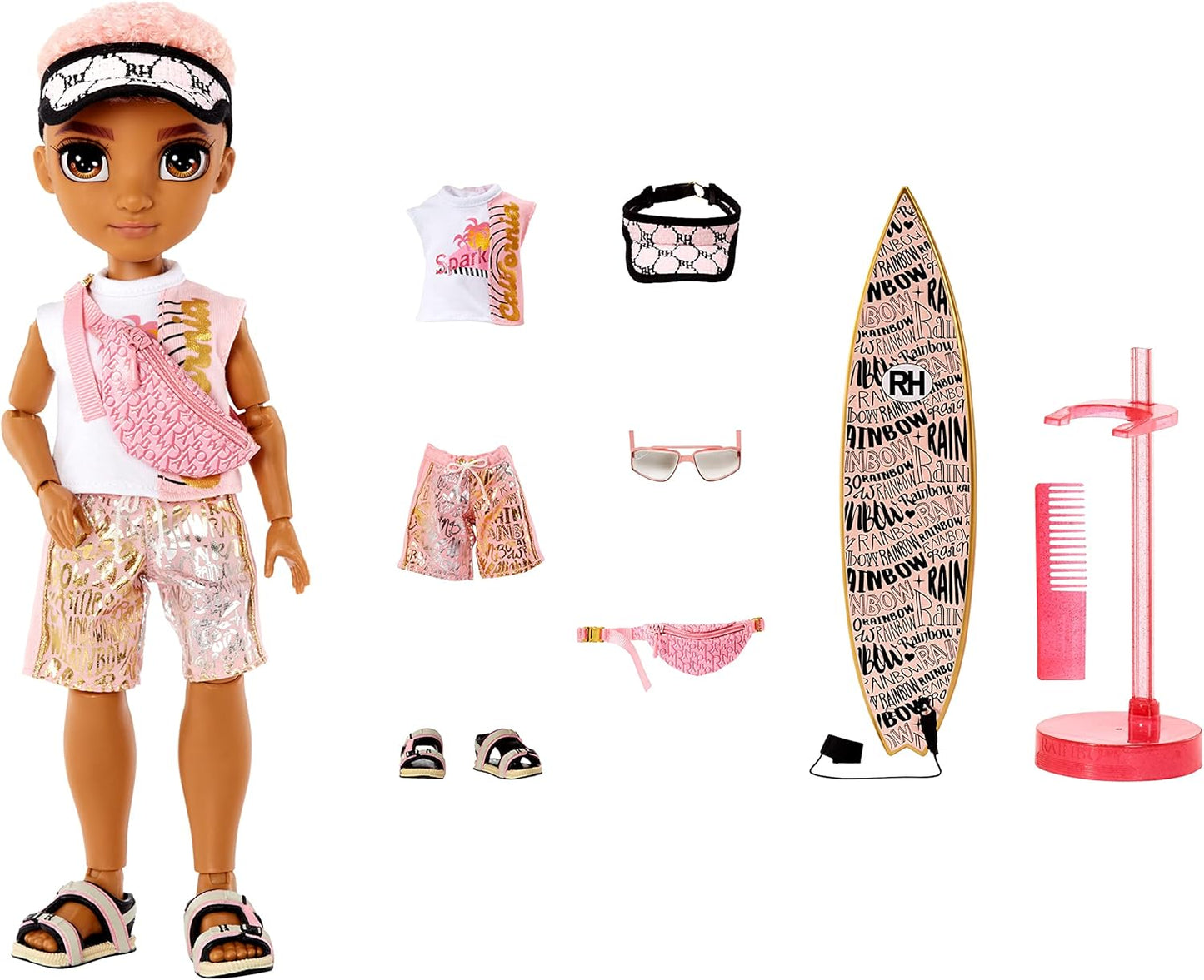 Rainbow High Pacific Coast - FINN ROSADO - Boneco Fashion Masculino com Roupa, Prancha de Surf e Suporte de Exibição - Inclui Acessórios de Piscina, Bolsa Transversal e Mais - Presente e Item de Colecionador para Crianças a partir de 6 Anos 581888