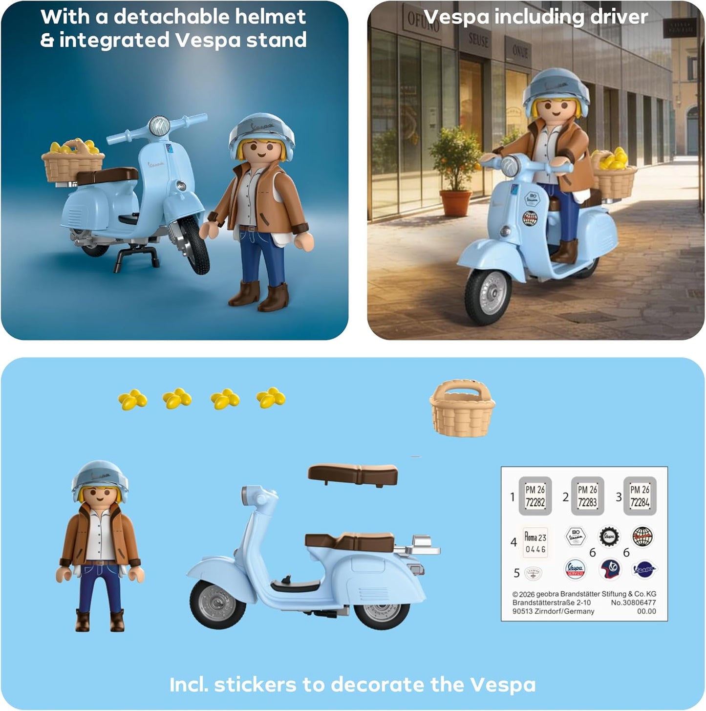 Playmobil | Veículos | 80 Anos de Vespa: Estilo Icônico | Vespa comemorativa azul-clara com figura estilosa, cesta e cartela de adesivos | Para crianças a partir de 5 anos | 72284
