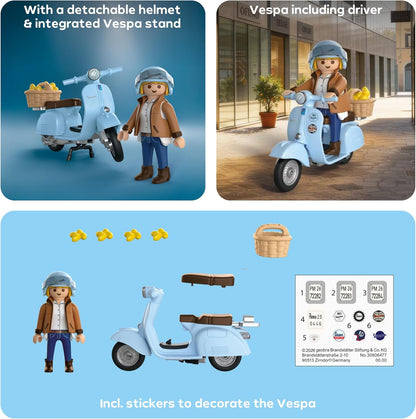 Playmobil | Veículos | 80 Anos de Vespa: Estilo Icônico | Vespa comemorativa azul-clara com figura estilosa, cesta e cartela de adesivos | Para crianças a partir de 5 anos | 72284
