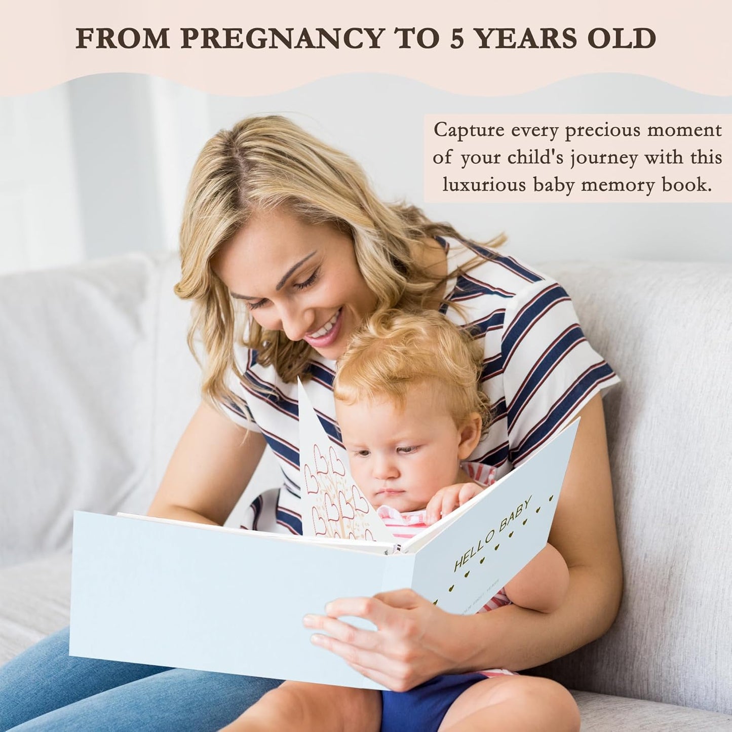 Livro de memórias LOVE ON para bebês com kit de mãos e pés sem tinta grátis - Diário dos primeiros 5 anos para bebês com capa elegante de linho e folha de ouro em relevo - Inclusivo para todos os tipos de família