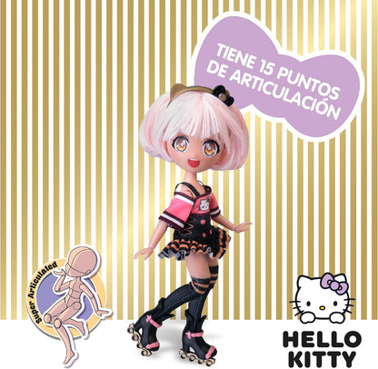 Hello Kitty 4SF Famosa Golden Diva Roller, boneca japonesa fashion com visual de patins, figura de 19,5 cm com 15 pontos de articulação, inclui capacete, bolsa, acessórios musicais e botas (HKTF1000)