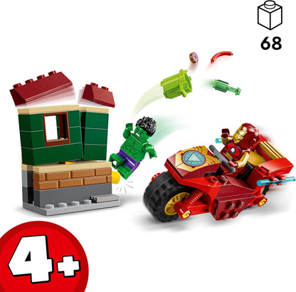 LEGO Marvel Homem de Ferro com bicicleta e Hulk, brinquedo de construção de super-herói para crianças, conjunto colecionável com veículo e minifiguras, presente para meninos e meninas de 4 anos ou mais