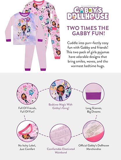 DREAMWORKS GABBY'S DOLLHOUSE Conjunto de 2 Pijamas Infantis | Conjuntos de Pijamas Infantis Gabby | Tamanhos de 3 a 10 Anos
