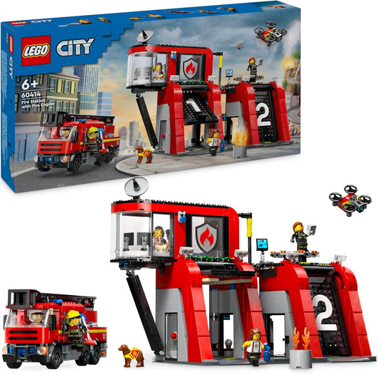 LEGO Corpo de bombeiros da cidade com conjunto de brinquedos para bombeiros para meninos e meninas de 6 anos ou mais com uma figura de cachorro e 5 minifiguras, ideia de presente de aniversário para crianças que amam brincadeiras imaginativas 60414