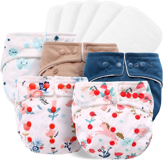 Miracle Baby Fraldas de pano para bebês Pacote com 10 fraldas reutilizáveis para recém-nascidos 5 fraldas de pano e 5 fraldas laváveis Fraldas de bolso superabsorventes ajustáveis para bebês