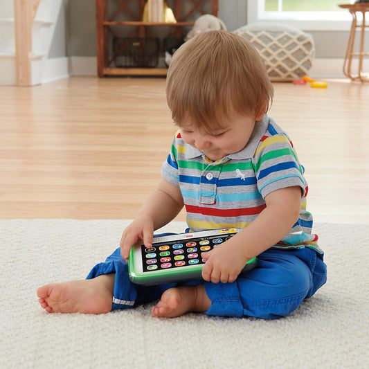 Brinquedo educativo Fisher-Price Tablet de faz de conta para crianças pequenas com luzes, música e conteúdo inteligente, cinza, versão em inglês do Reino Unido (Laugh & Learn), CDG33