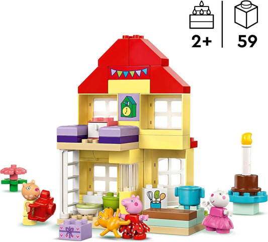 LEGO DUPLO Peppa Pig Birthday House Playset, brinquedos de aprendizagem para crianças para meninas e meninos de 2 anos ou mais com 3 figuras, incluindo. Pedro Pony e Suzy Sheep, além do Teddy da Peppa, Idéia de Presente 10433