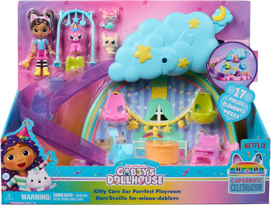 Gabby’s Dollhouse, Kitty Care Ear Purrfect Playroom, conjunto de 17 peças com 4 figuras de brinquedo e móveis de casa de bonecas, brinquedos infantis para meninas e meninos a partir de 3 anos.