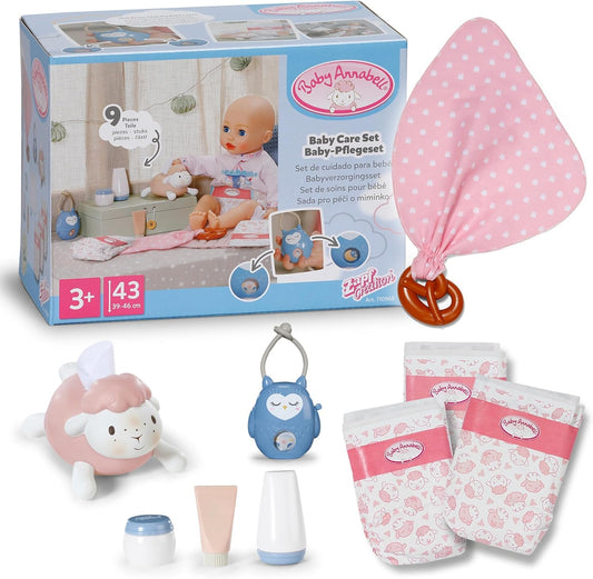 Baby Annabell Kit de Cuidados para Bebê Conjunto de acessórios para boneca com 7 peças - Inclui fraldas, porta-lenços umedecidos, creme e mamadeiras de brinquedo, Para bonecas de 36 cm e 43 cm Indicado para crianças a partir de 3 anos