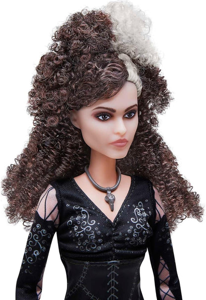 Mattel Boneca colecionável Bellatrix Lestrange da Harry Potter (10 polegadas, cabelo cacheado) usando vestido preto exclusivo e colar, com varinha, presente para crianças de 6 anos ou mais, HFJ70
