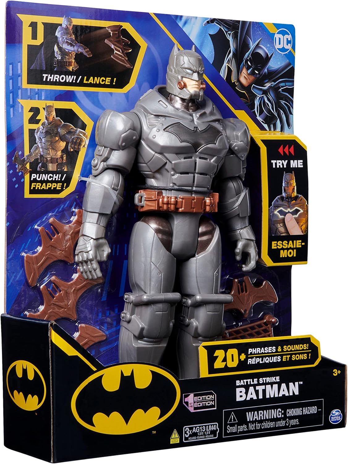 BATMAN DC Comics, Battle Strike Batman Figura de ação de 12 polegadas, mais de 20 frases e sons, brinquedos colecionáveis para crianças para meninos e meninas de 3 anos ou mais