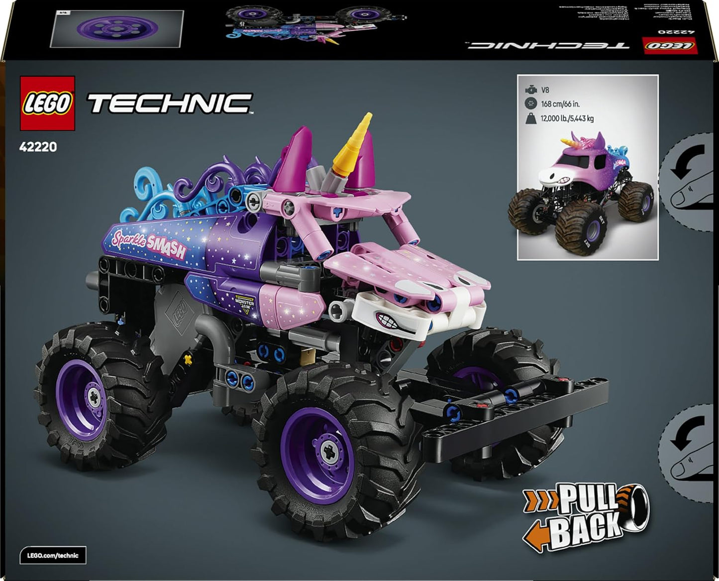 LEGO Technic Monster Jam Sparkle Smash Caminhão de Brinquedo com Mecanismo de Fricção - Kit de Modelo de Carro de Corrida com Tema de Unicórnio Rosa - Presente de Aniversário Criativo para Meninos, Meninas e Fãs a partir de 7 Anos - 42220