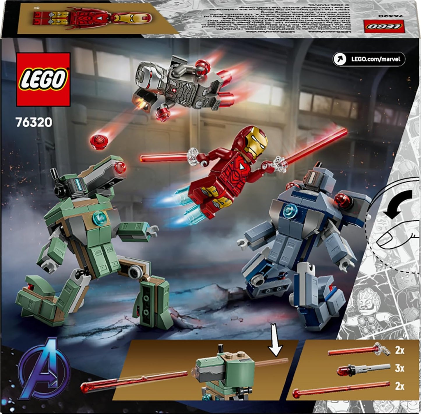 LEGO ǀ Marvel Homem de Ferro e Máquina de Combate vs. Drones Hammer - Brinquedo de Construção com 2 Minifiguras e 2 Figuras de Ação com Disparadores de Peças - Presente de Super-Herói para Meninos a partir de 7 Anos - 76320