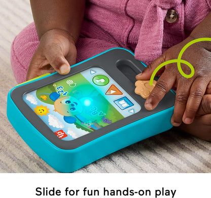 Brinquedo educativo para bebês Fisher-Price: Leitor de histórias em formato de cachorrinho com música e luzes, ideal para crianças a partir de 6 meses. Disponível em vários idiomas: inglês, francês e alemão. JFK28