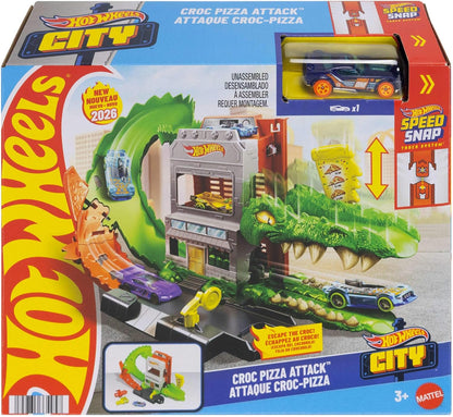 Hot Wheels Conjunto "Ataque da Pizza do Crocodilo" e carrinho em escala 1:64 | Lance os carrinhos pela pista para vencer o crocodilo inimigo e evitar ser devorado