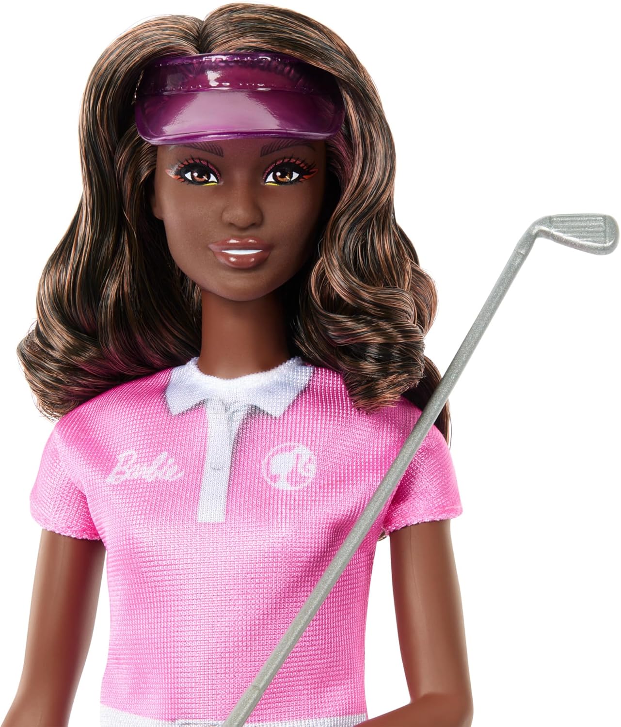 Barbie Boneca Golfista Morena da Moda com Vestido Polo Rosa Removível, Uniforme de Golfe, Inclui Viseira e Acessórios para Taco de Golfe, JCR69