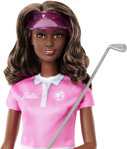 Barbie Boneca Golfista Morena da Moda com Vestido Polo Rosa Removível, Uniforme de Golfe, Inclui Viseira e Acessórios para Taco de Golfe, JCR69