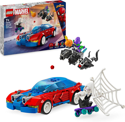 LEGO Carro de corrida do Homem-Aranha da Marvel e Duende Verde Venom, brinquedos de construção de super-heróis para meninos e meninas com uma minifigura do Aranha, além de um veículo de brinquedo montável e atiradores
