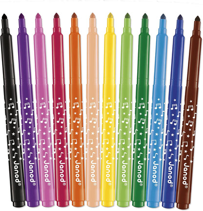 Janod - Canetas hidrográficas de longa duração - Ponta travada e cônica para diferentes espessuras de linha - Tinta lavável - Hobbies e artesanato criativos - Idades 3+