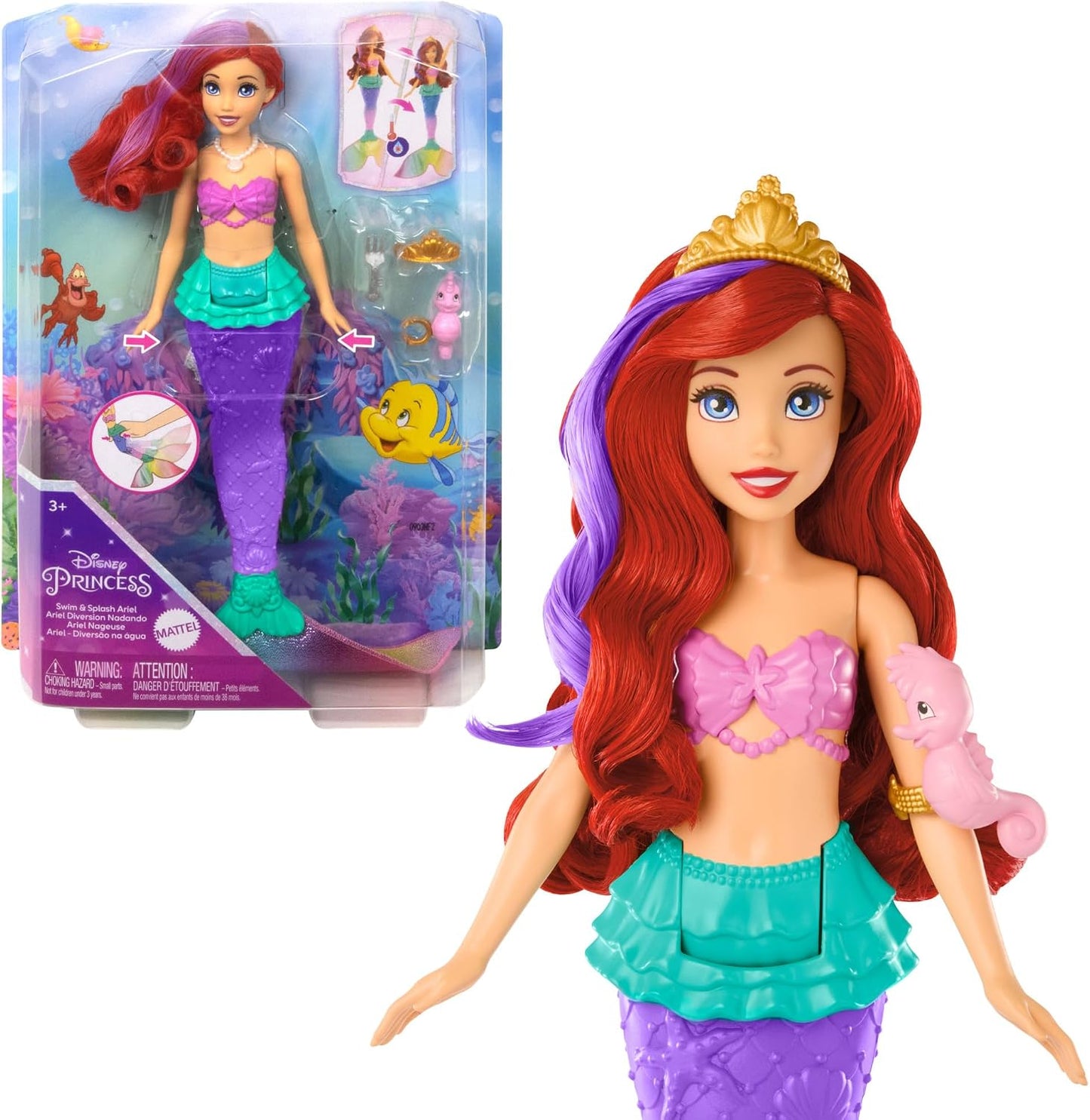 Mattel Boneca Disney Princess Ariel Sereia Nadadora | Boneca articulada com cabelo e cauda que mudam de cor, movimentos de natação e brincadeira com água inspirados no filme "A Pequena Sereia" da Disney, HPD43