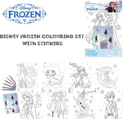 Conjunto de colorir Disney Frozen com 15 peças para crianças – 8 folhas para colorir, 6 lápis e adesivos reutilizáveis – Kit de atividades da Elsa e da Anna – Presente de arte e artesanato para viagens para meninas a partir de 3 anos