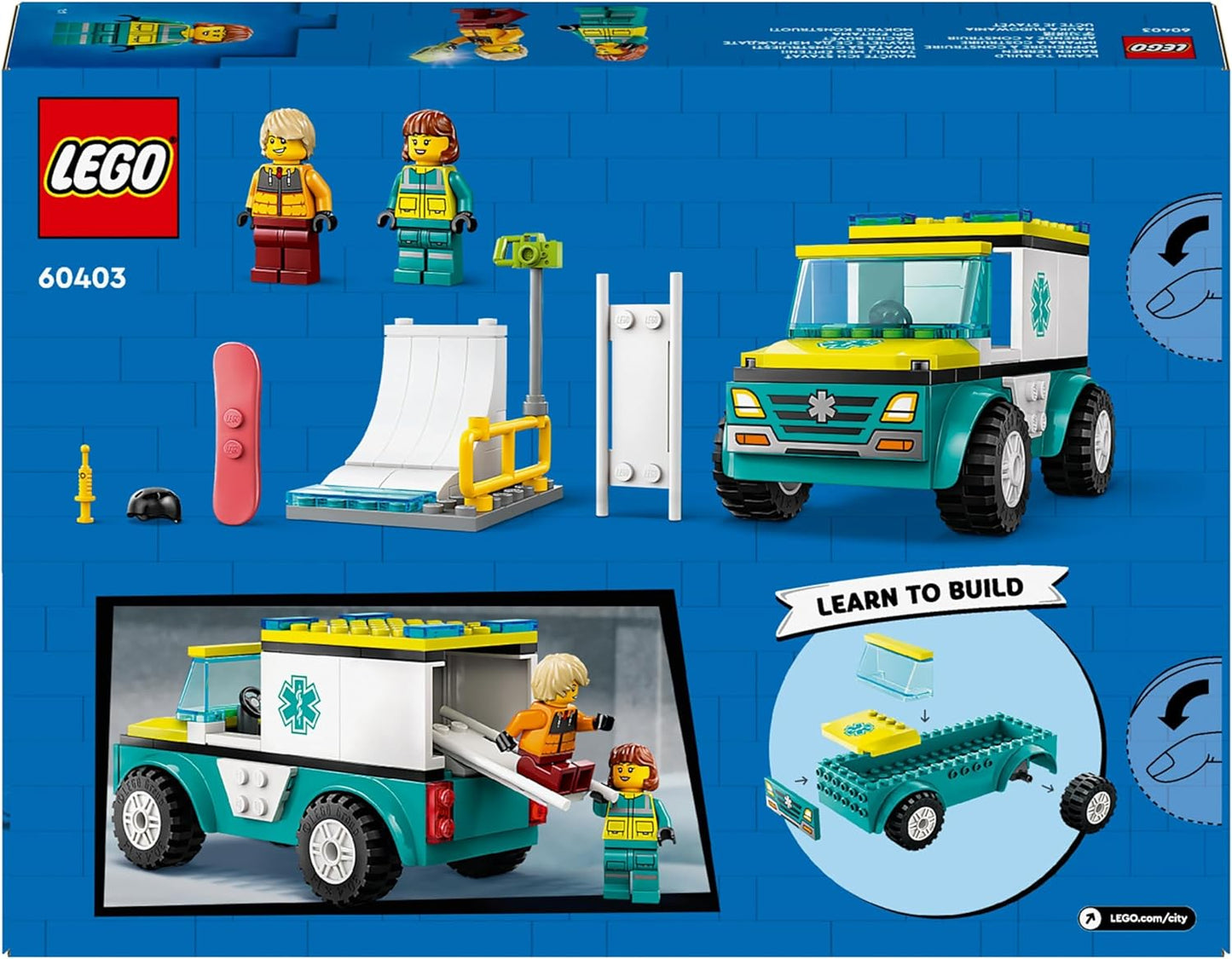 LEGO Ambulância de emergência urbana e brinquedos para veículos de snowboard para crianças de 4 anos ou mais, meninos e meninas com minifiguras de pensionistas e paramédicos, brinquedo de construção para brincadeiras imaginativas, ideia de presente 60403