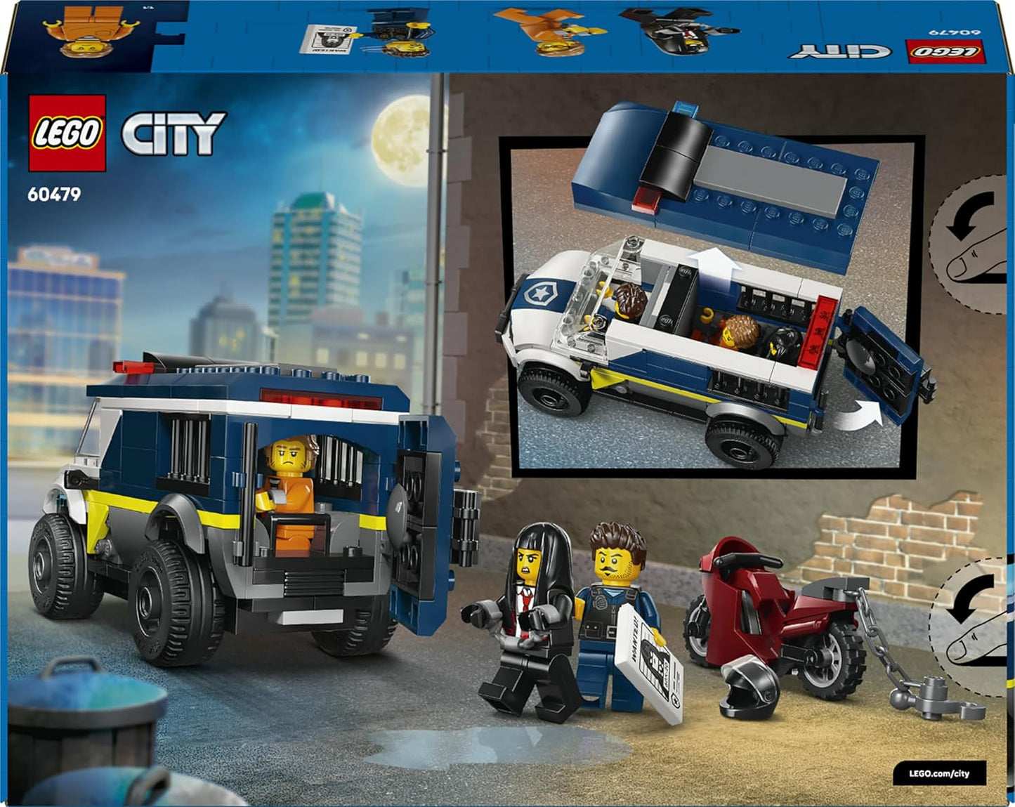 LEGO City Caminhão de Transporte de Prisioneiros da Polícia - Kit de Montagem com Moto, 3 Minifiguras e Porta de Cela Removível - Ideia de Presente de Aniversário para Meninos a partir de 6 Anos - 60479