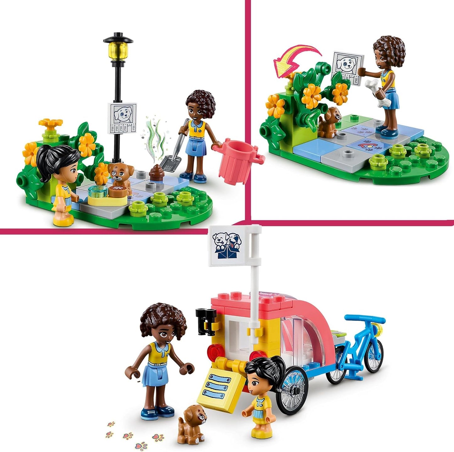 LEGO 41738 Conjunto de brinquedos para bicicleta de resgate de cães Friends, conjunto de animais para crianças, meninas e meninos de 6 anos ou mais com figura de cachorrinho e 2 minibonecos, personagens da série 2023