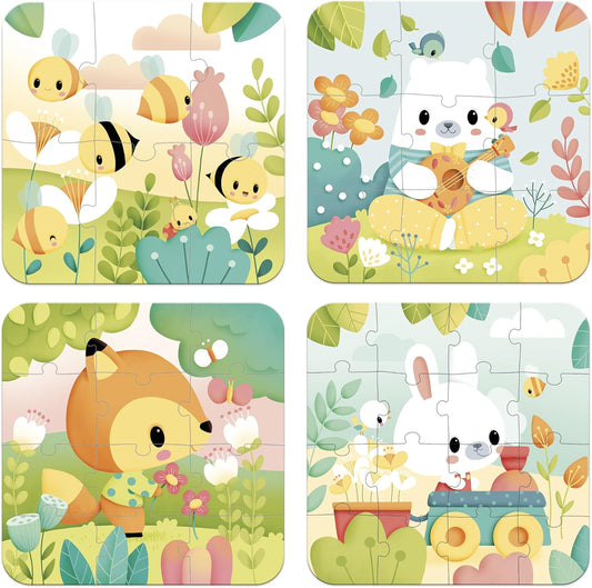 Janod - 4 quebra-cabeças de animais evolutivos - 6-9-12-16 peças - Quebra-cabeça progressivo - Brinquedos educativos - Para desenvolver paciência e destreza - Fabricado na França - A partir de 24 meses - J02552