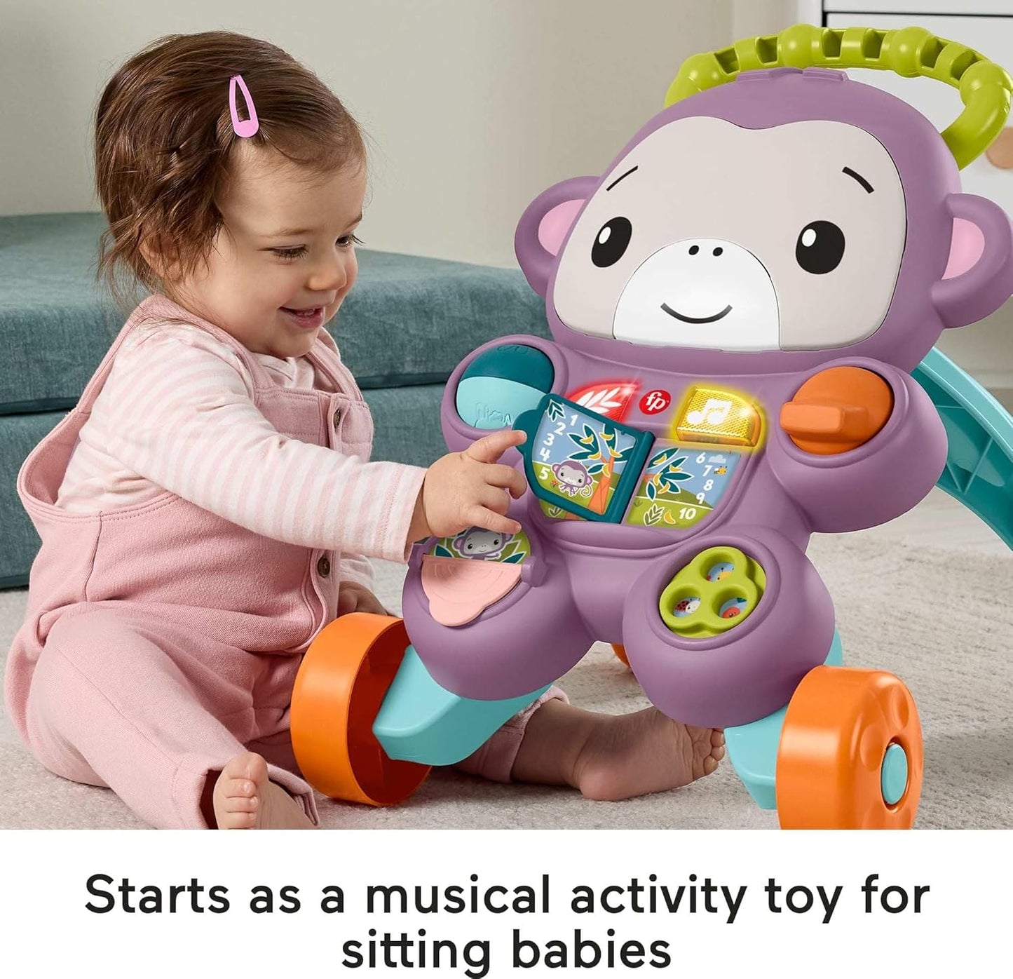 Fisher-Price Brinquedo de empurrar Baby Learn With Me, Macaco Roxo, Atividade Musical Educativa com Luzes para Bebês a partir de 6 Meses, JLD58