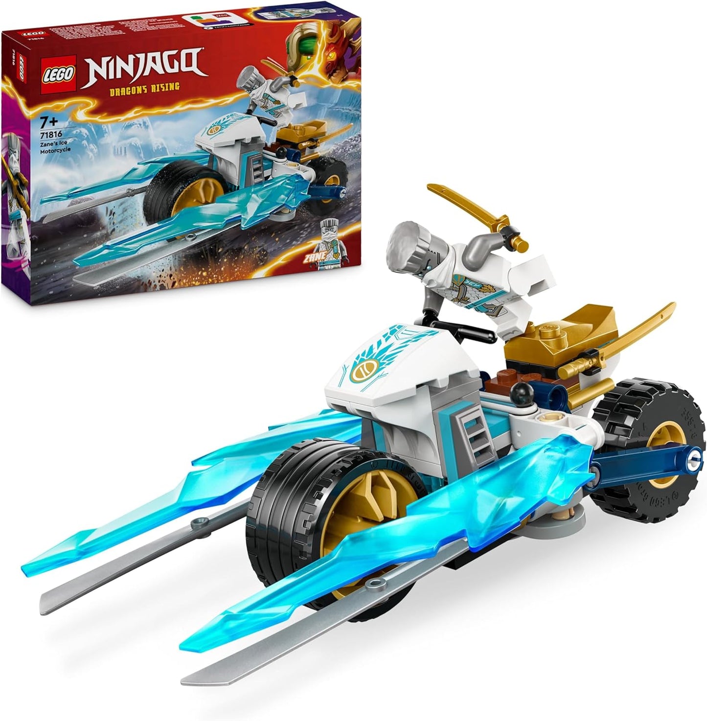 LEGO Brinquedo de motocicleta de gelo NINJAGO Zane para meninos e meninas de 7 anos ou mais, conjunto de motocicleta Dragons Rising com minifigura de personagem Zane, conjunto de jogos de aventura ninja, presente de veículo pequeno para crianças 71816