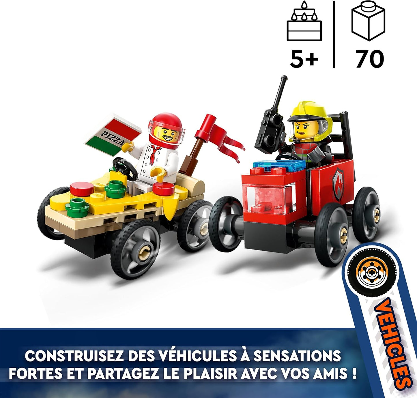 LEGO City Pizza vs. Fire Truck Race Car Pack Toy - Soapbox Car Toys para meninos e meninas de 5 anos ou mais - Presentes divertidos de feriado ou aniversário - Conjunto de veículos inclui 2 minifiguras